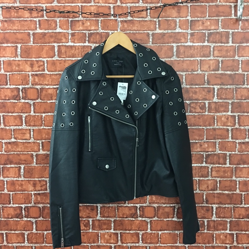 Faux Leather Moto Jacket with Silver Accents - Picture 2 of 8